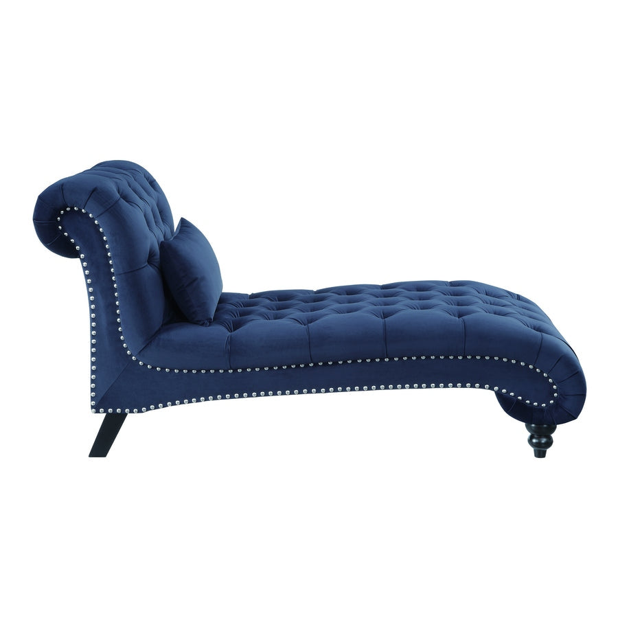 Navy blue tufted chaise lounge with decorative nailhead trim on a white background