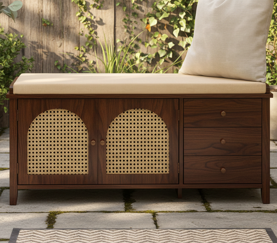 Wooden bench with beige cushion in an outdoor setting