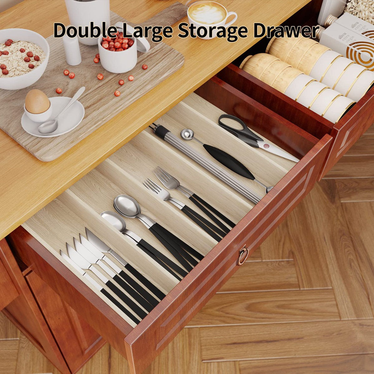 Open wooden drawer with cutlery, labeled 'Double Large Storage Drawer', on a wooden surface.