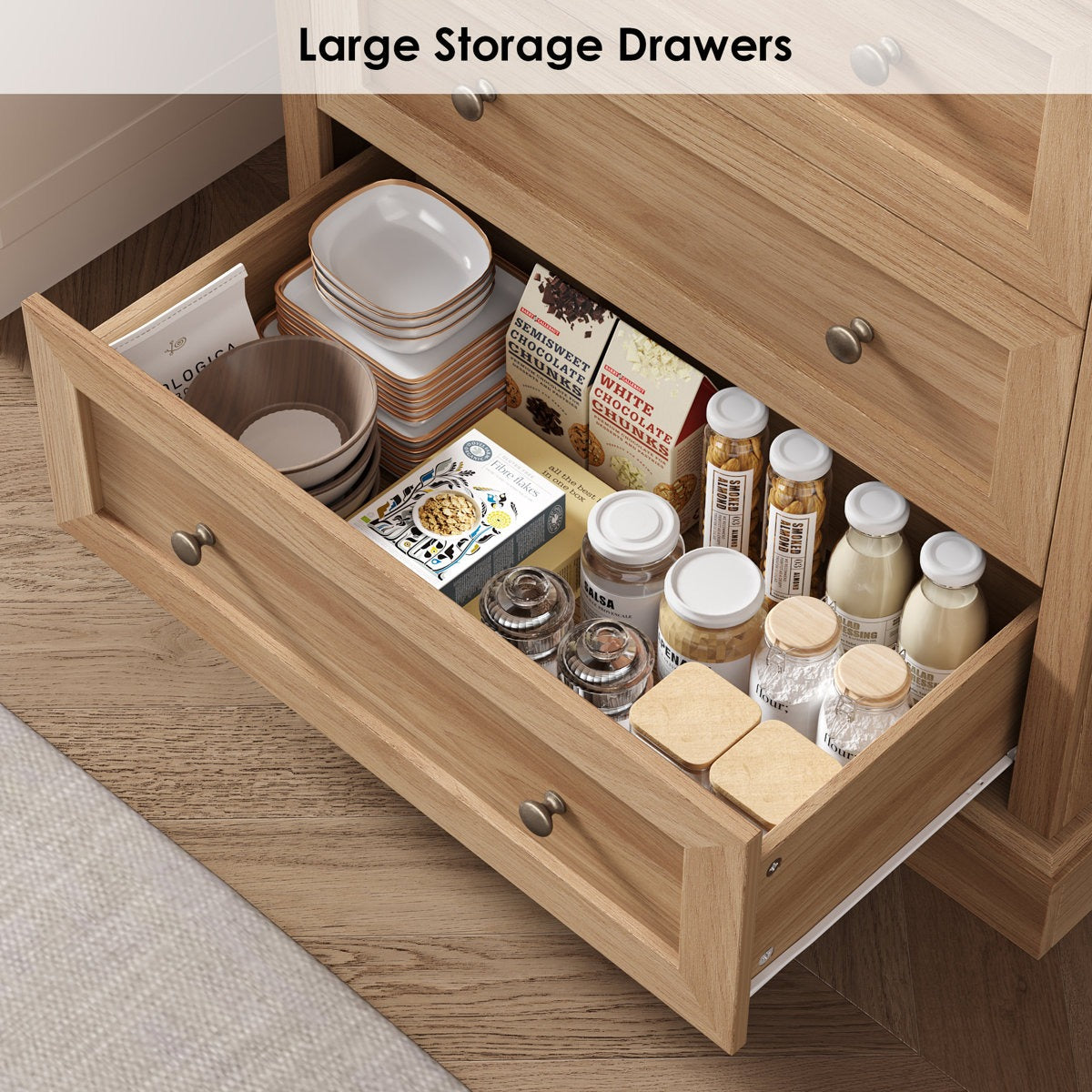 Open wooden storage drawers filled with kitchen items on a wooden floor.