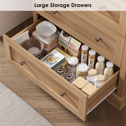 Open wooden storage drawers filled with kitchen items on a wooden floor.
