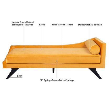 Orange chaise lounge with labeled components on a white background