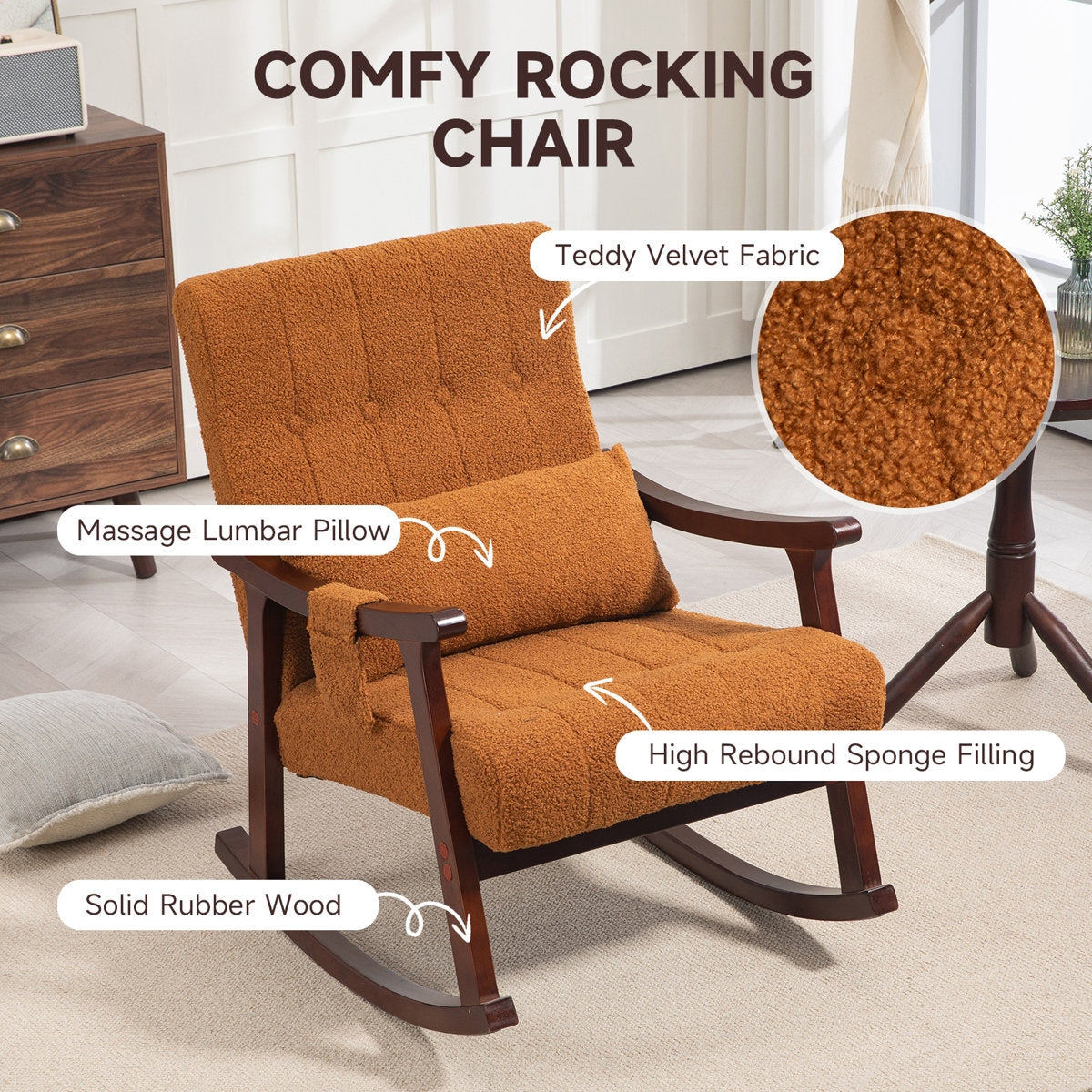 Orange rocking chair with features highlighted in a room setting