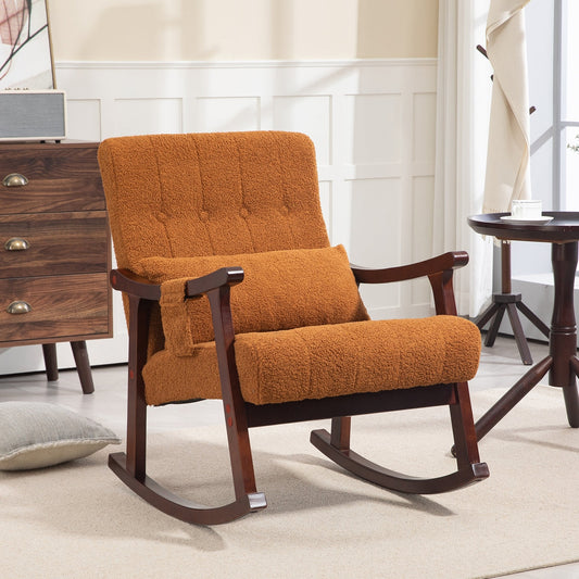 Orange rocking chair in a room with wooden furniture and a window.