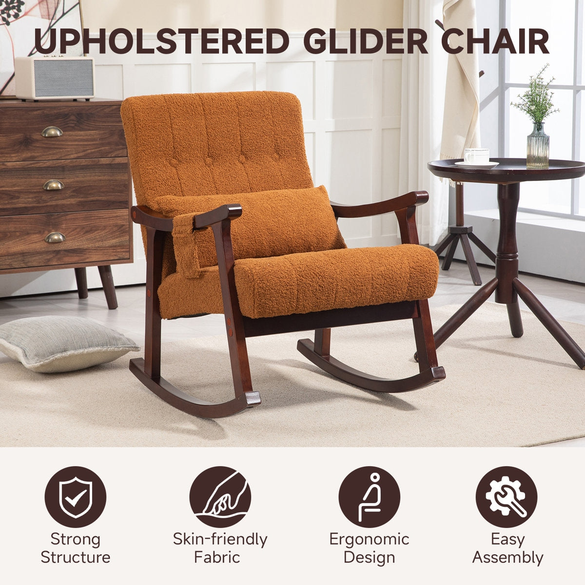 Orange upholstered glider chair in a room setting with furniture and decor.