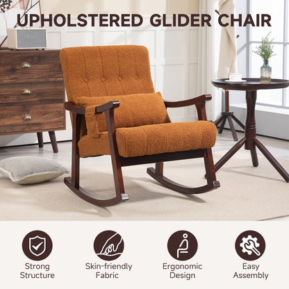 Orange upholstered glider chair in a room setting with furniture and decor.