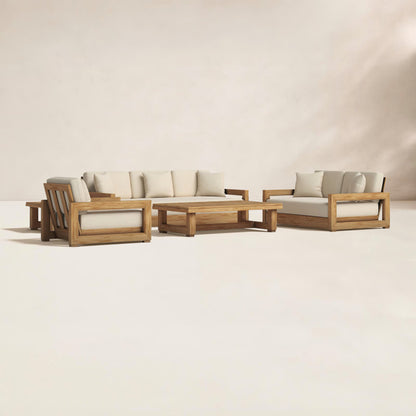 Outdoor furniture set with wooden frames and beige cushions on a neutral background