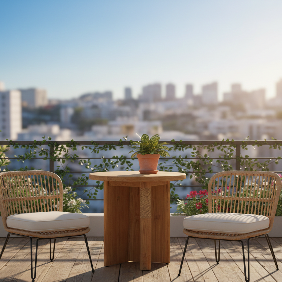 Outdoor setting with wooden table and chairs on a balcony overlooking a cityscape.