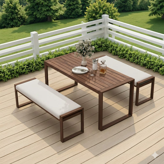 Outdoor wooden table with benches on a deck surrounded by greenery