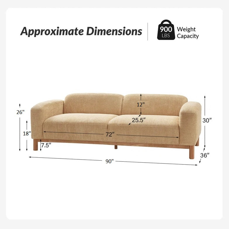 Beige sofa with dimensions labeled on a white background