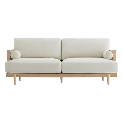 Beige sofa with wooden frame on a white background