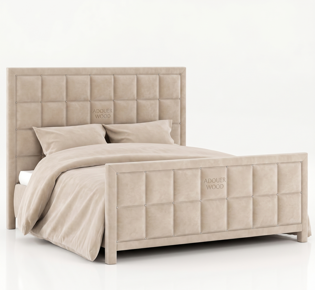 Beige upholstered bed with matching headboard on a white background
