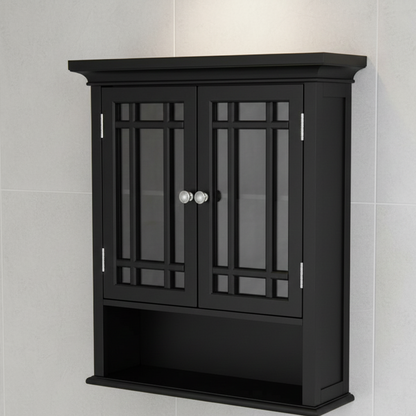 Black wall-mounted cabinet with glass doors against a light gray tiled wall.