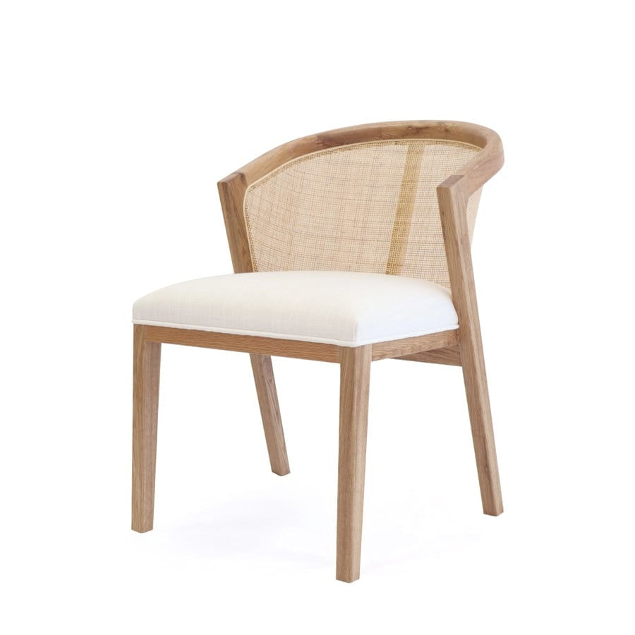 Chair with wooden frame and white cushion on a white background