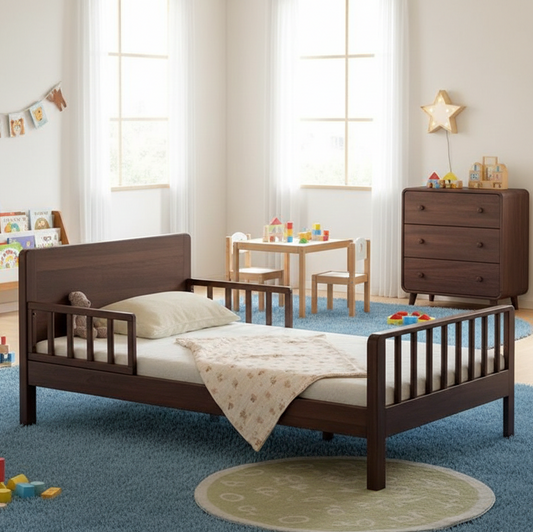Children's bedroom with a wooden bed, table, and chairs.