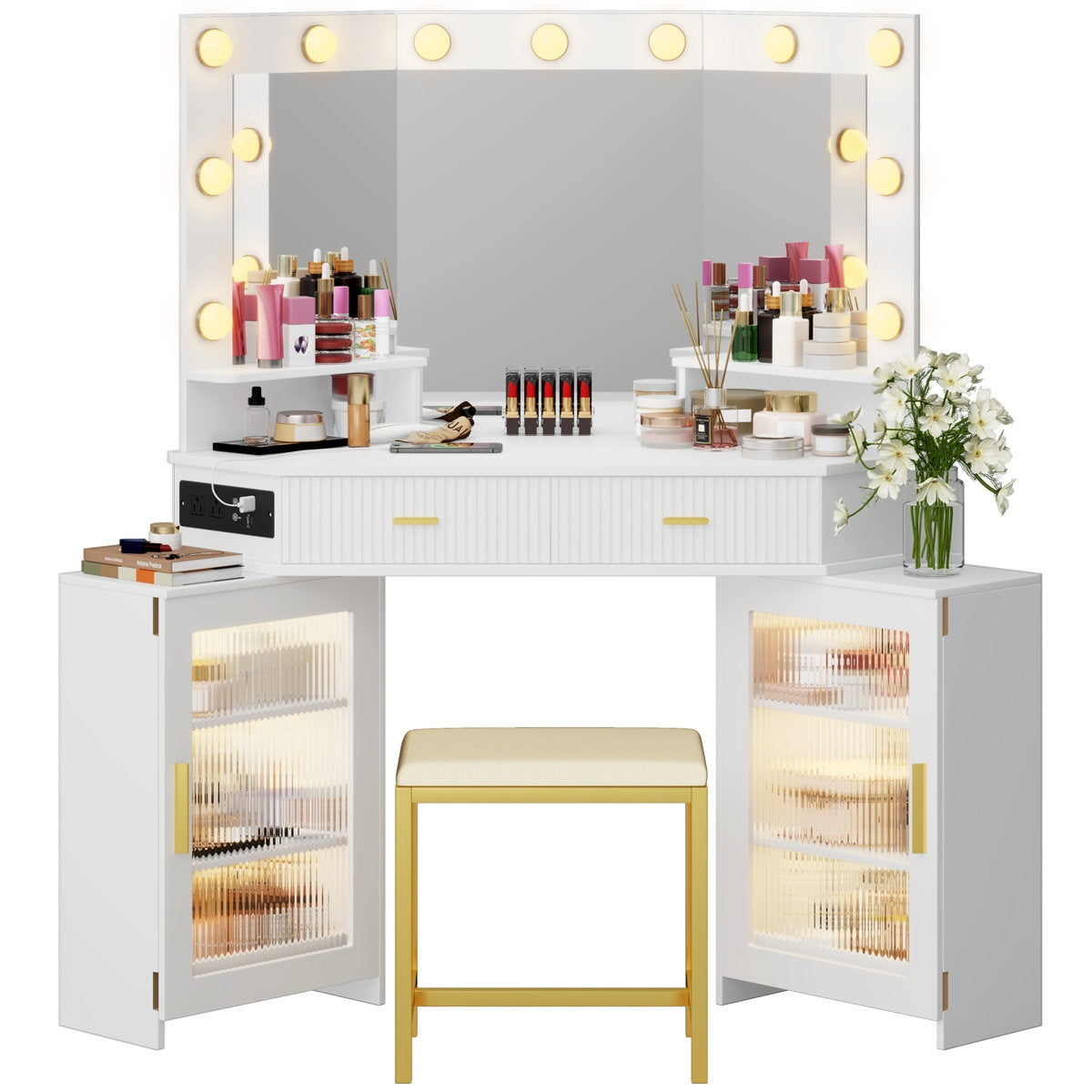 Makeup vanity with mirror, lights, and various items on a white background