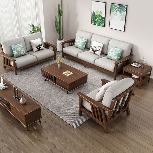 Modern living room with wooden furniture and gray cushions