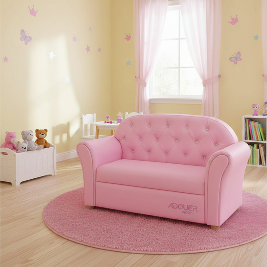 Pink children's sofa in a room with toys and butterfly decorations on the wall.