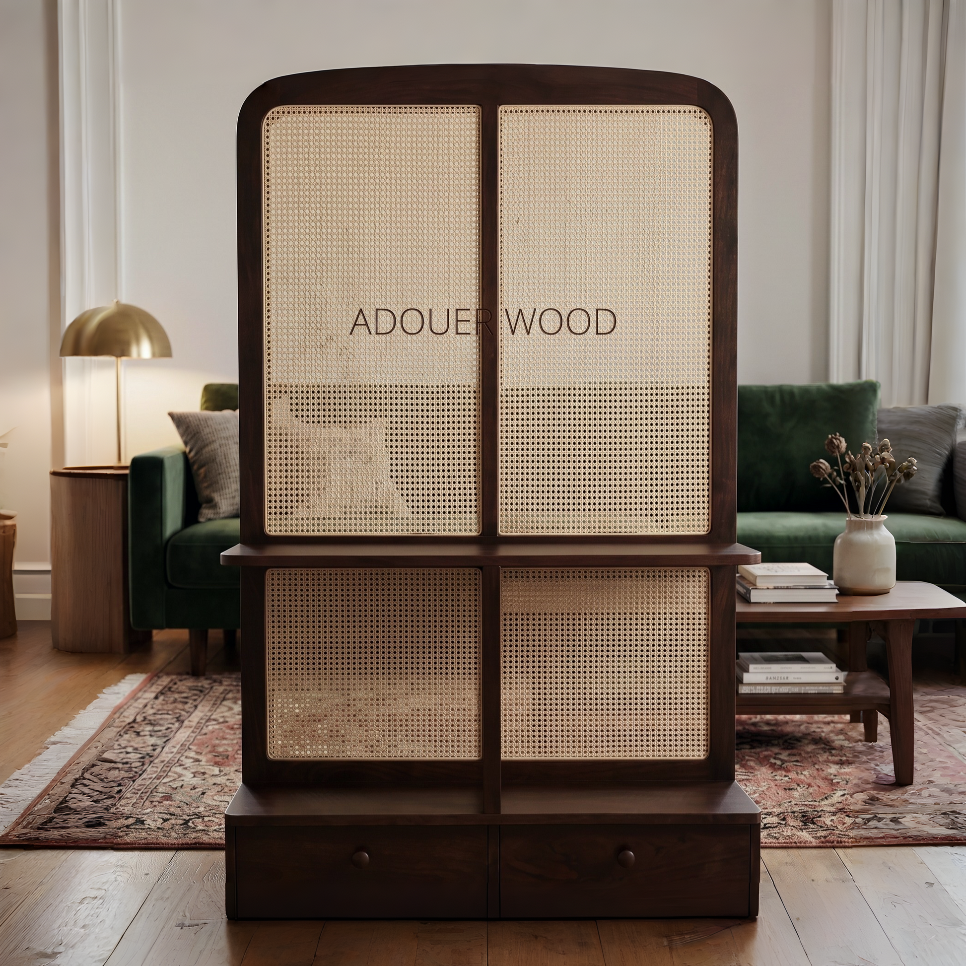 Room divider with 'ADOUER WOOD' branding in a living room setting