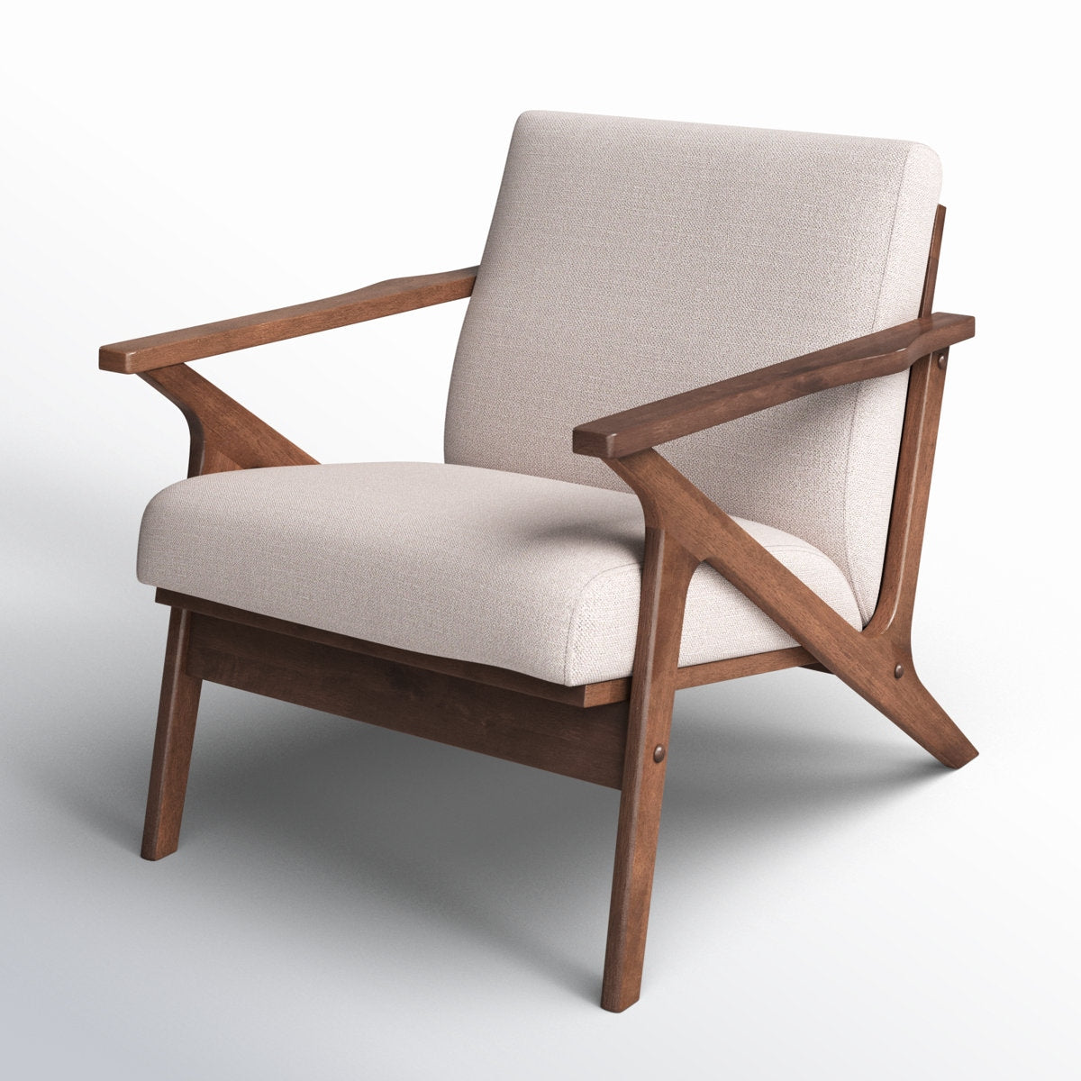 Chair with wooden frame and beige cushion on a white background