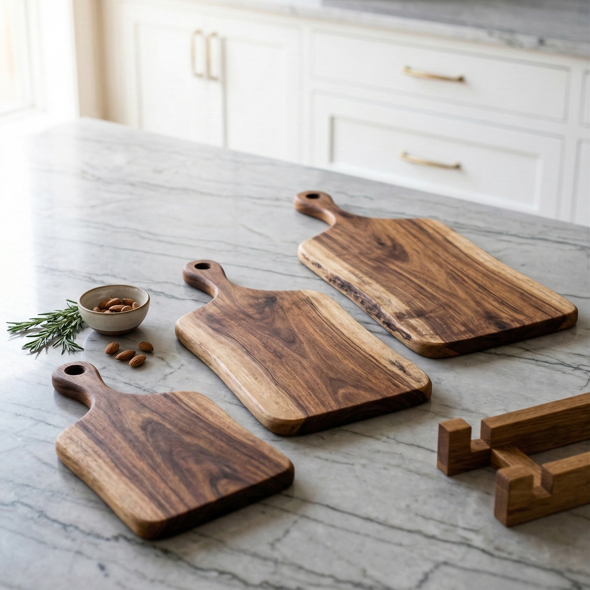 Set of wooden cutting boards on a marble countertop with a kitchen background.