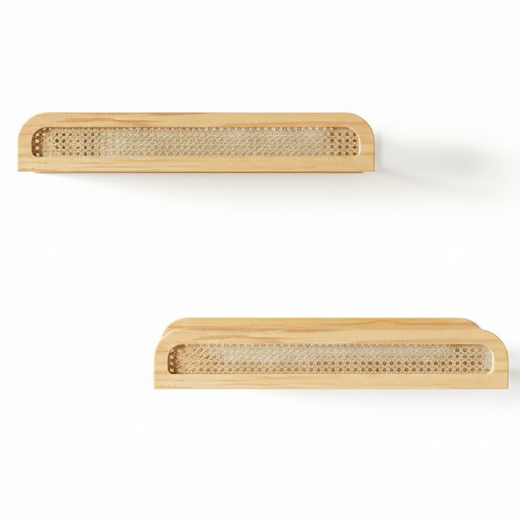 Two wooden shelves with woven design on a white background