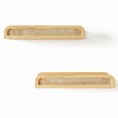 Two wooden shelves with woven design on a white background