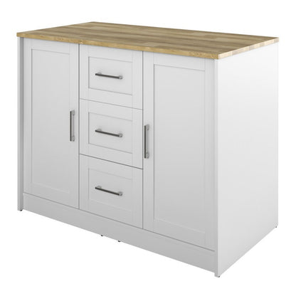 White kitchen island with wooden countertop on a white background