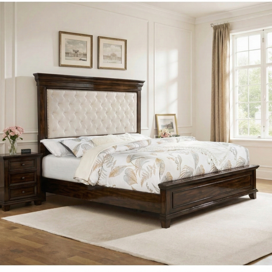 Wooden bed with tufted headboard in a bedroom setting