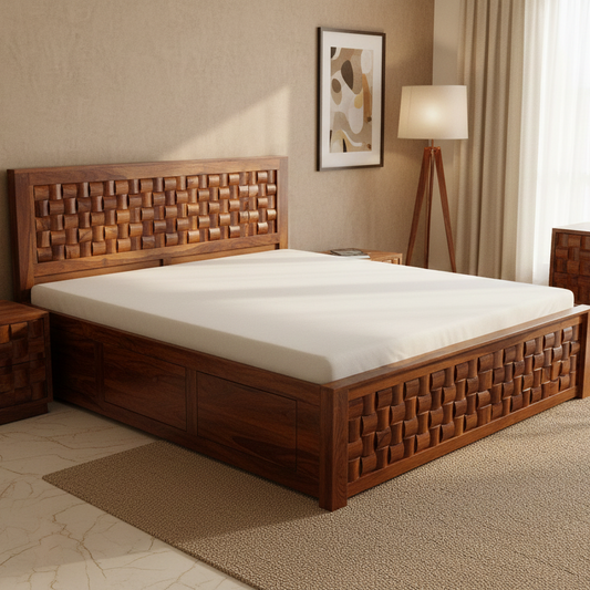 Wooden bed with woven design in a bedroom setting