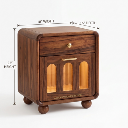 Wooden bedside table with dimension annotations showing 22" height, 18" width, and 16" depth on a clean white background.