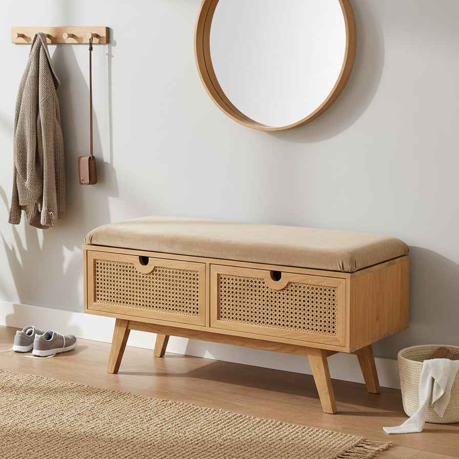 Wooden bench with woven design and cushioned seat in a room with shoes, basket, and round mirror.