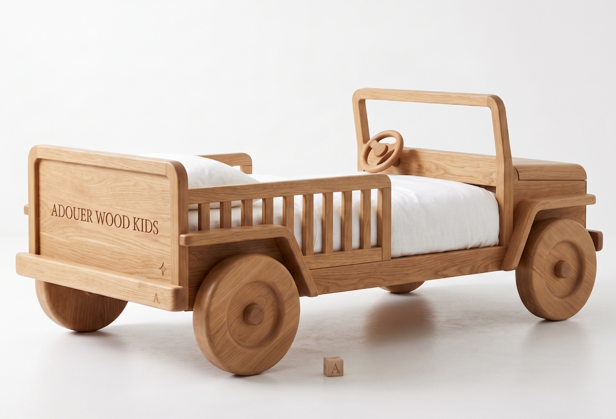 Wooden toy car bed with white mattress on a white background