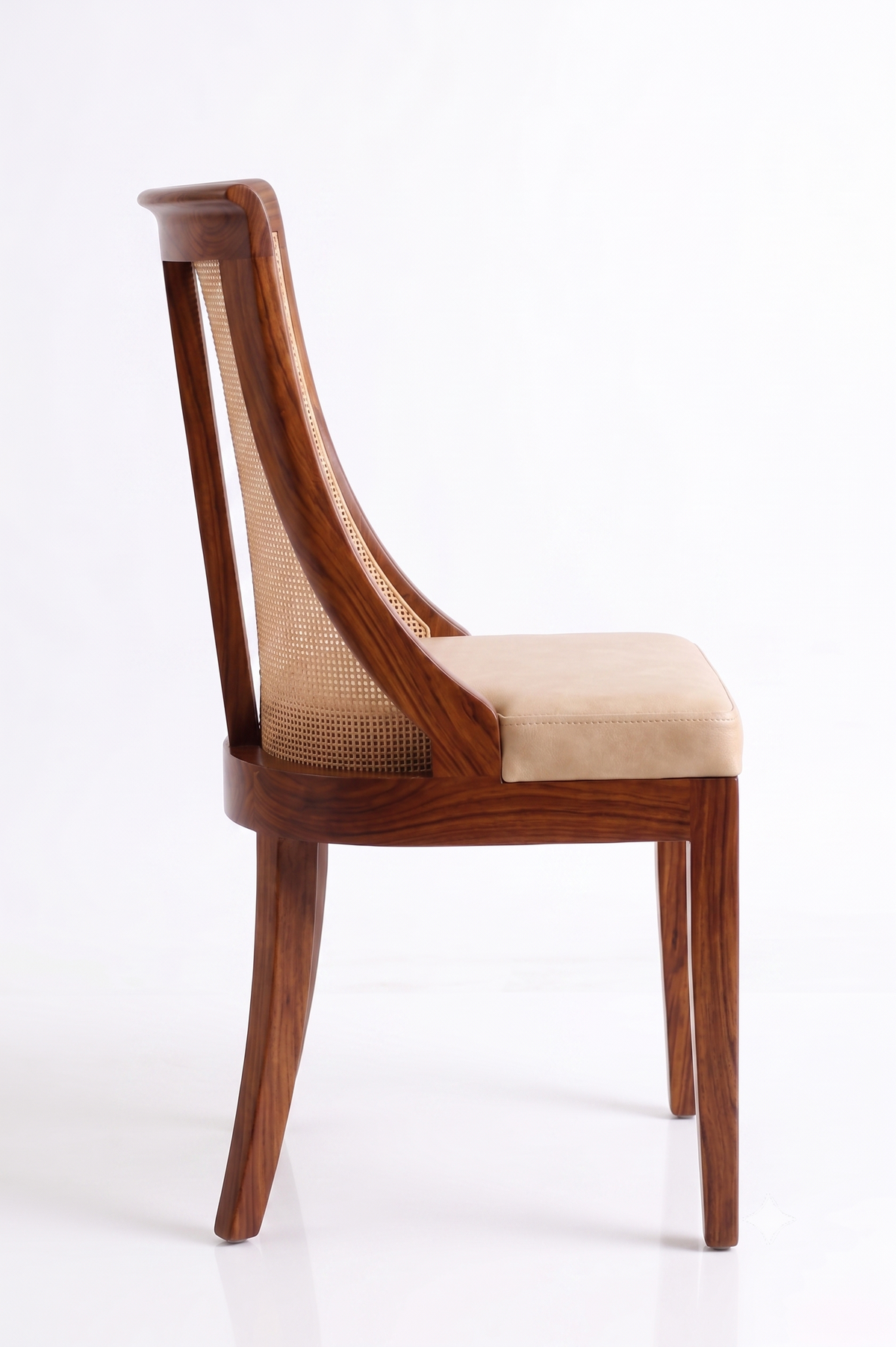 Wooden chair with a beige cushion on a white background