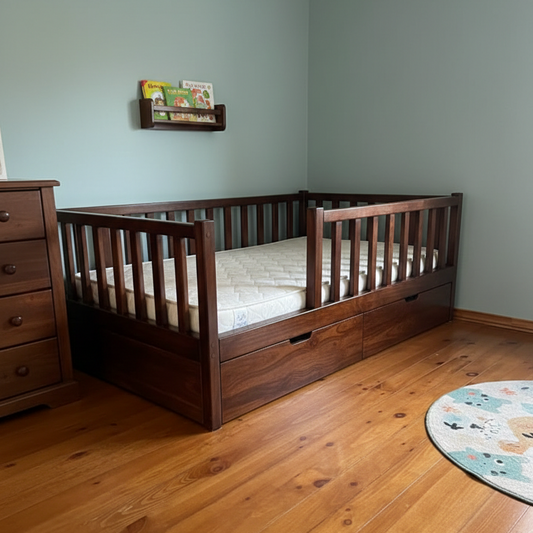 Wooden crib with drawers in a room with a wooden floor and light blue walls.