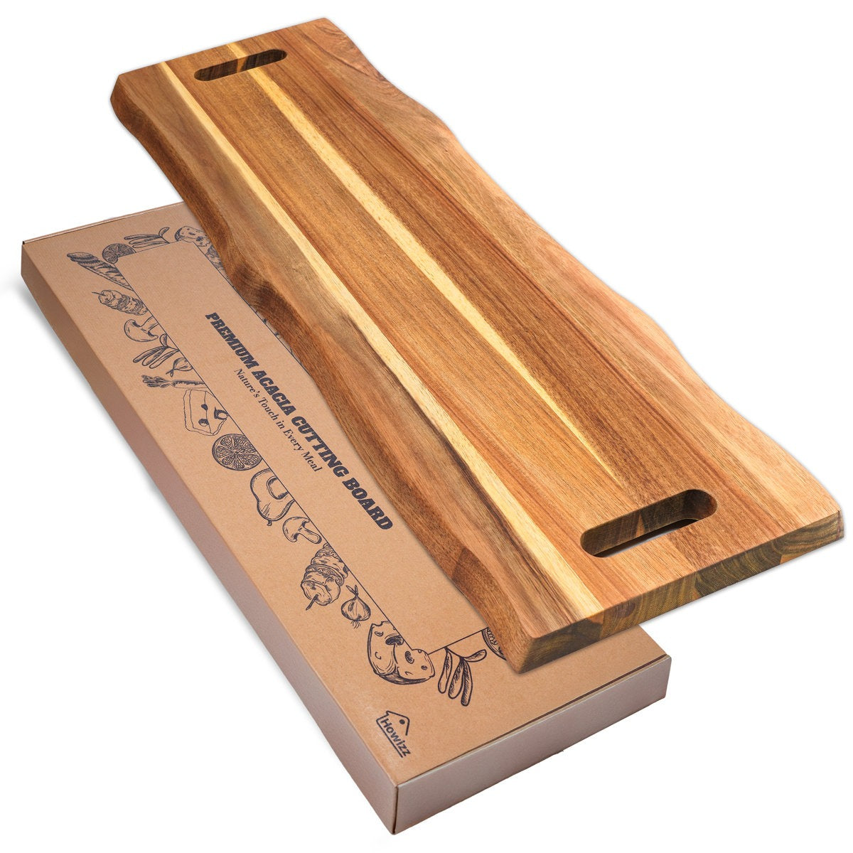 Wooden cutting board with packaging on a white background