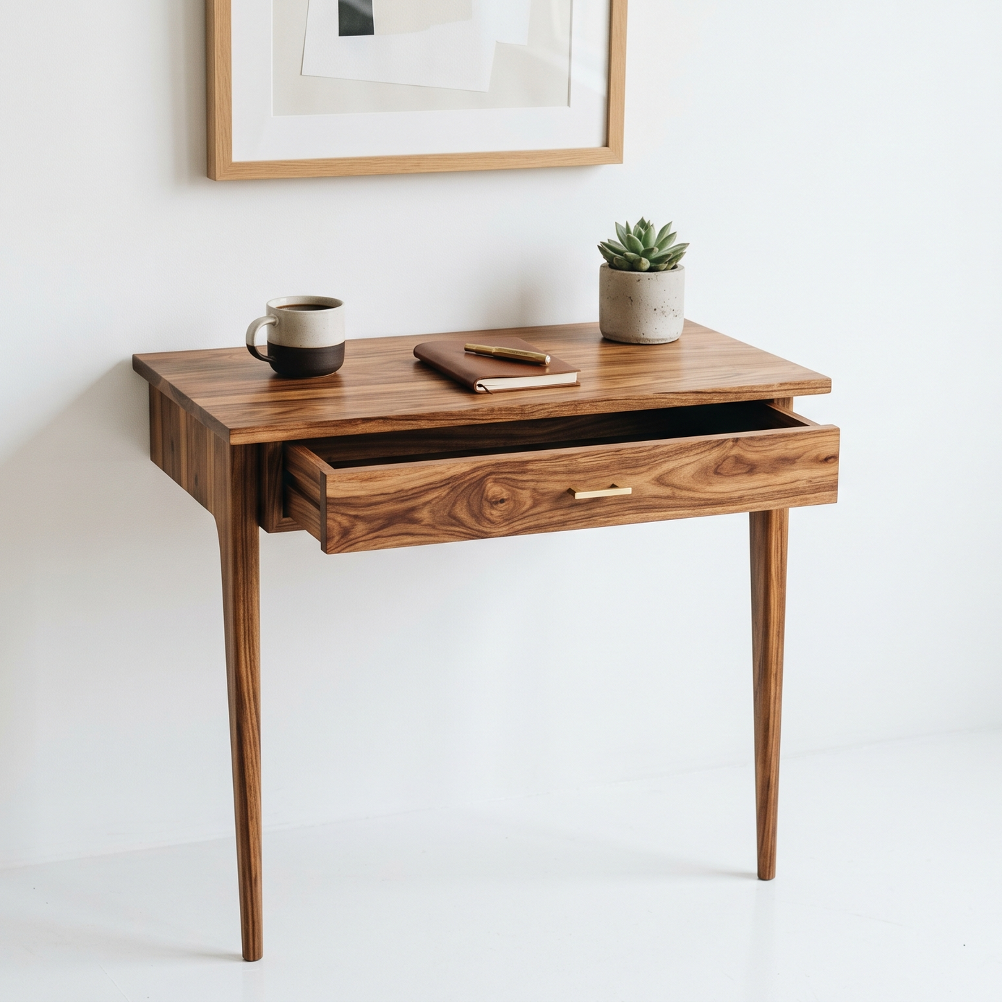 Wooden desk with a drawer, mug, notebook, and plant on a white background