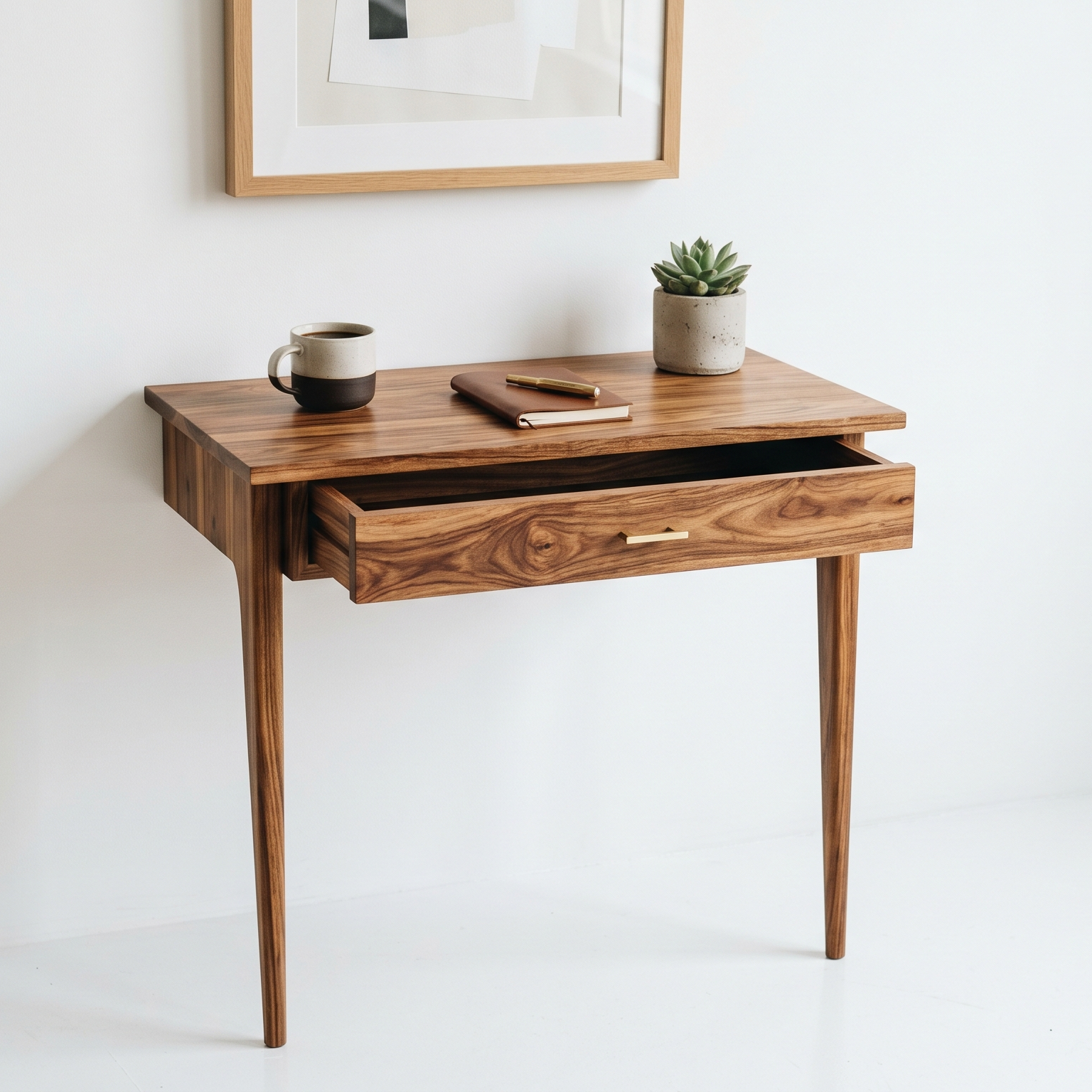 Wooden desk with a drawer, mug, notebook, and plant on a white background