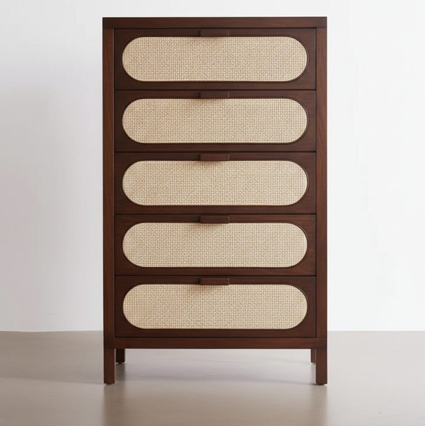 Wooden dresser with wicker panels on a white background