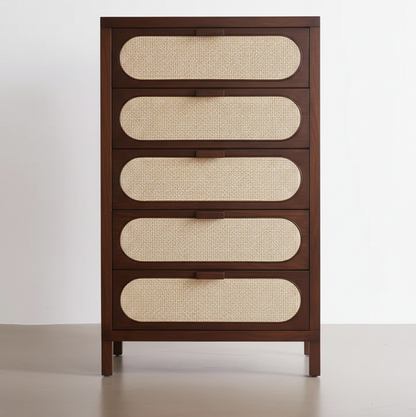 Wooden dresser with wicker panels on a white background