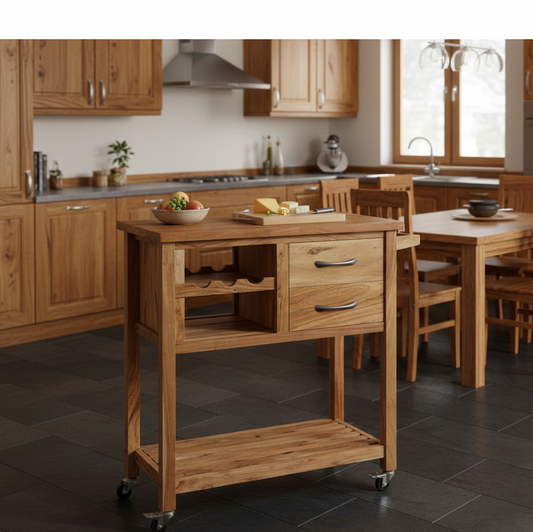 Wooden kitchen island with drawers and a shelf in a kitchen setting.