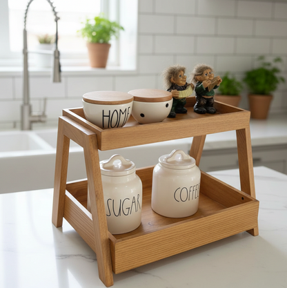 Wooden kitchen stand with ceramic jars labeled 'Home', 'Sugar', and 'Coffee' in a kitchen setting.