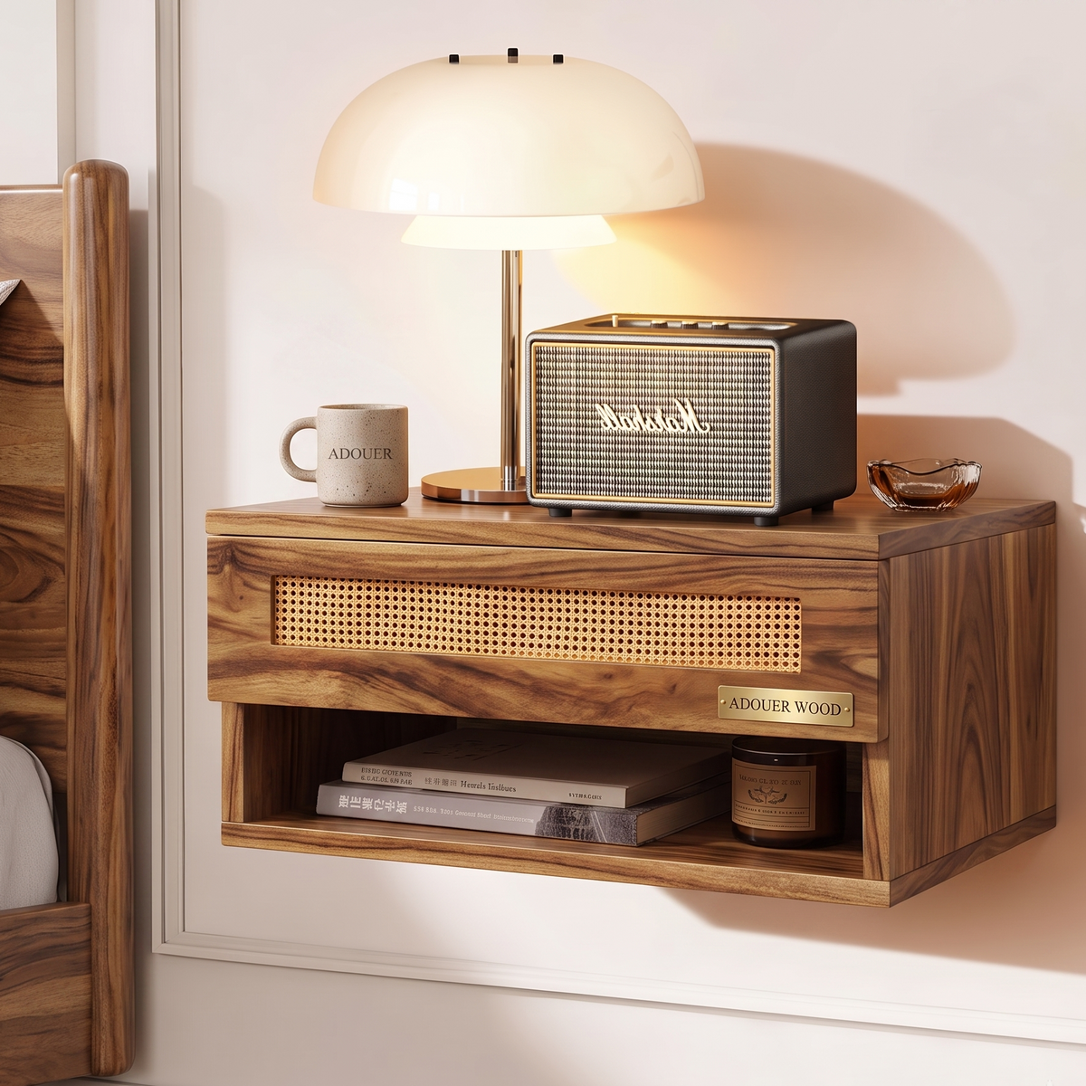 Wooden nightstand with a lamp, mug, and books in a bedroom setting