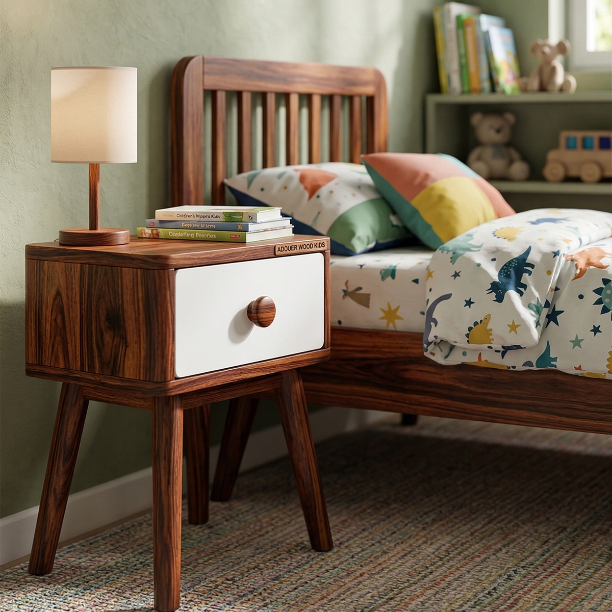 Wooden nightstand next to a bed with colorful bedding in a child's room.