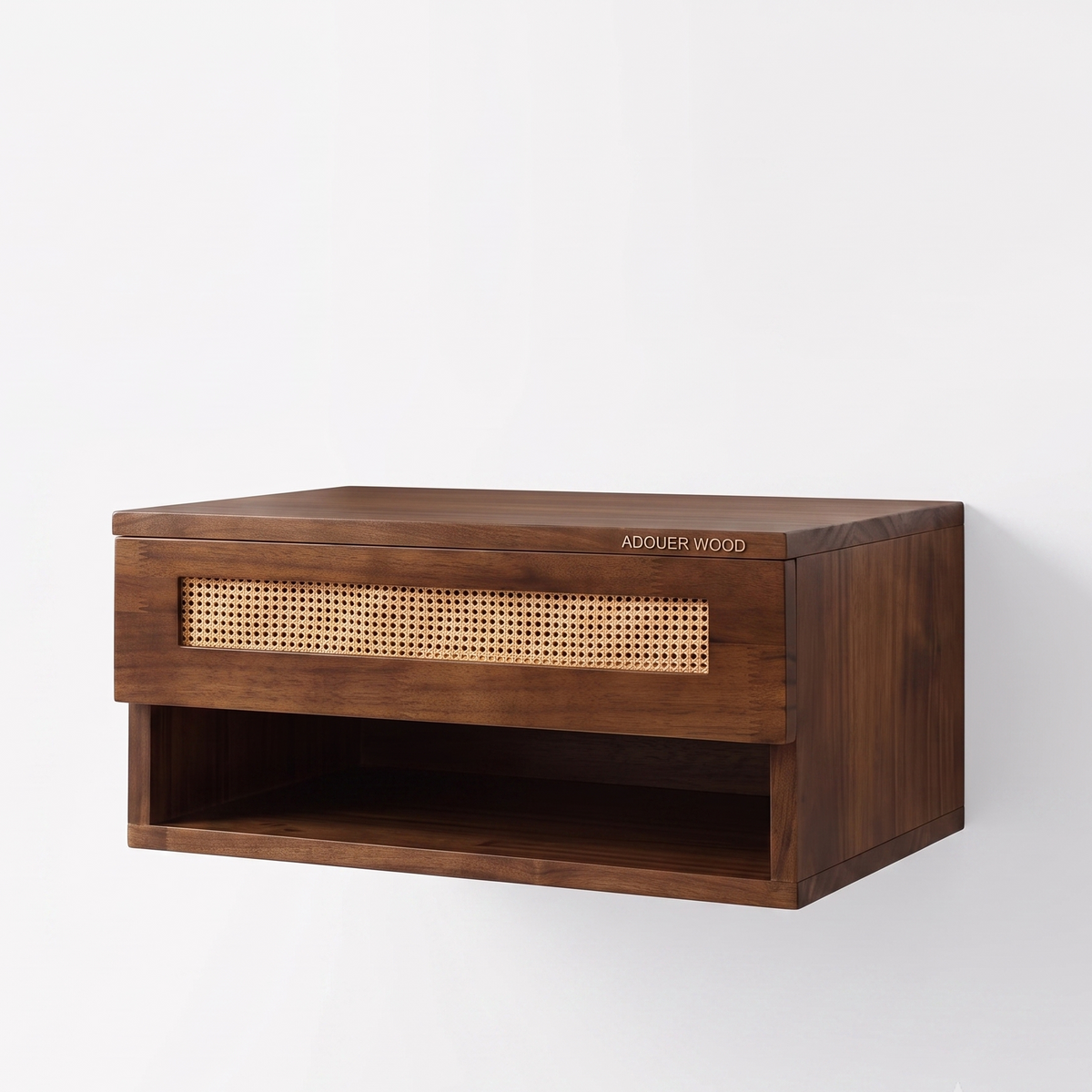 Wooden shelf with wicker accent on a white background