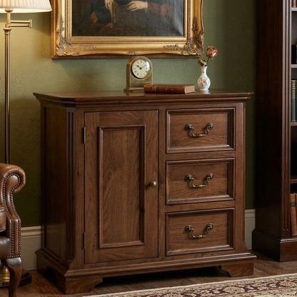 Wooden sideboard with drawers and a clock on a green wall