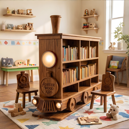Wooden train bookshelf with books
