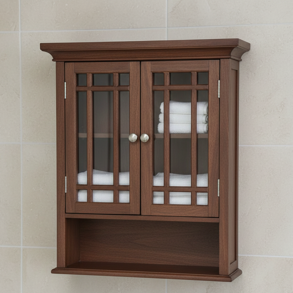 Wooden wall-mounted cabinet with glass doors on a tiled wall background