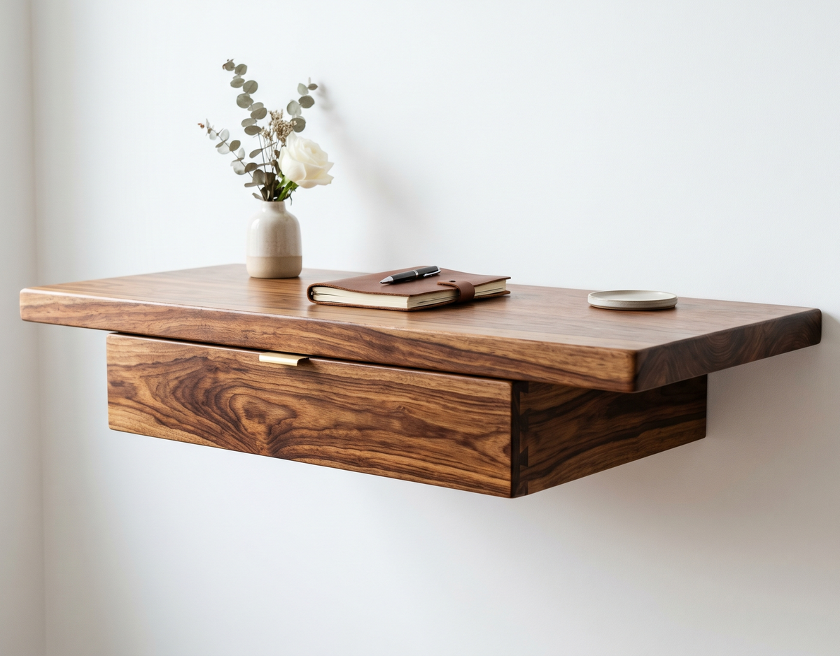 Wooden wall-mounted desk with a vase of flowers, notebook, and pen on a white wall background.
