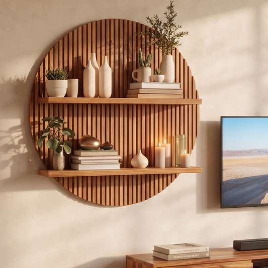 Wooden wall shelf with decorative items against a beige wall, next to a television.